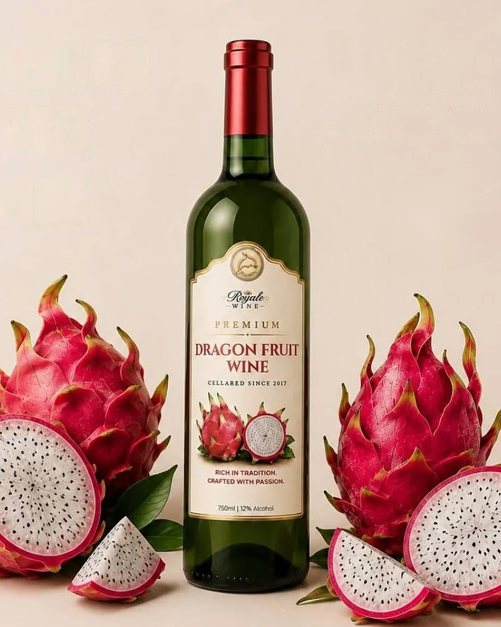 Royale Premium Dragon Fruit Wine bottle with fresh dragon fruit